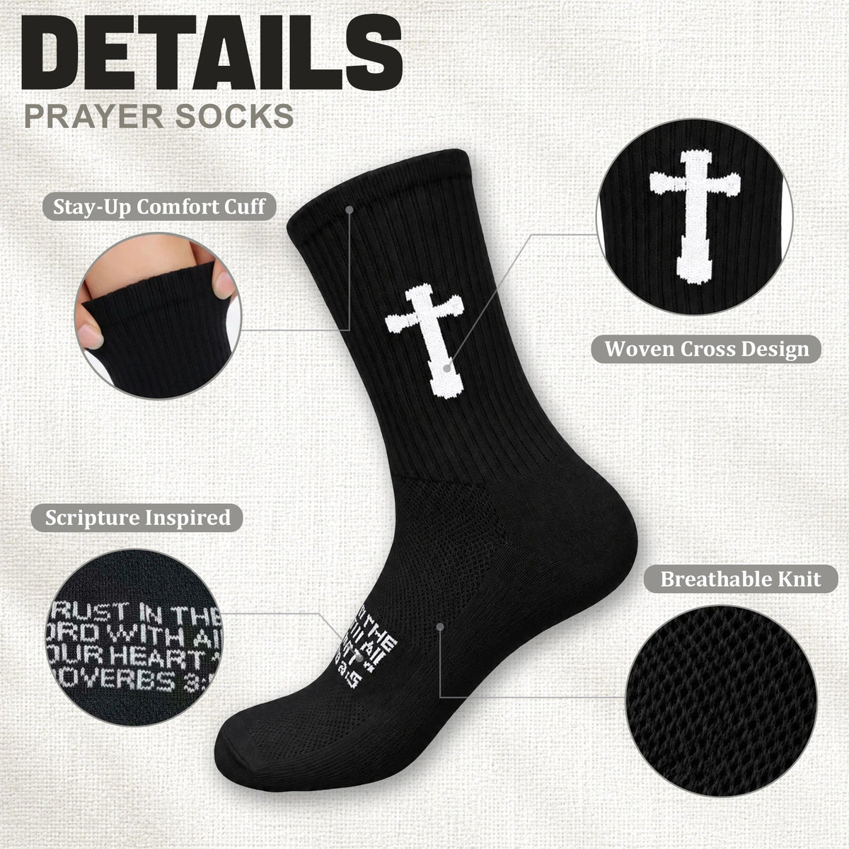 Ao Yee ZGL 24 Pairs Cross Prayer Crew Socks,Christians Socks for Men - Proverbs 3:5 - Black