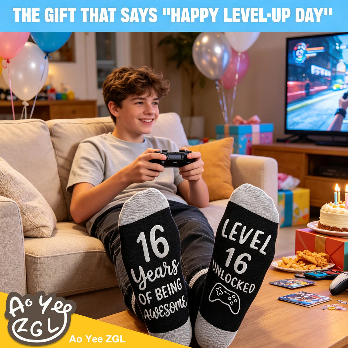 13th,16th,18th Birthday Gaming Socks,Fun Birthday Gifts for 13,16,18 Years Old Teen Boys ,Novelty Gifts for Gamer - Gaming Socks-16