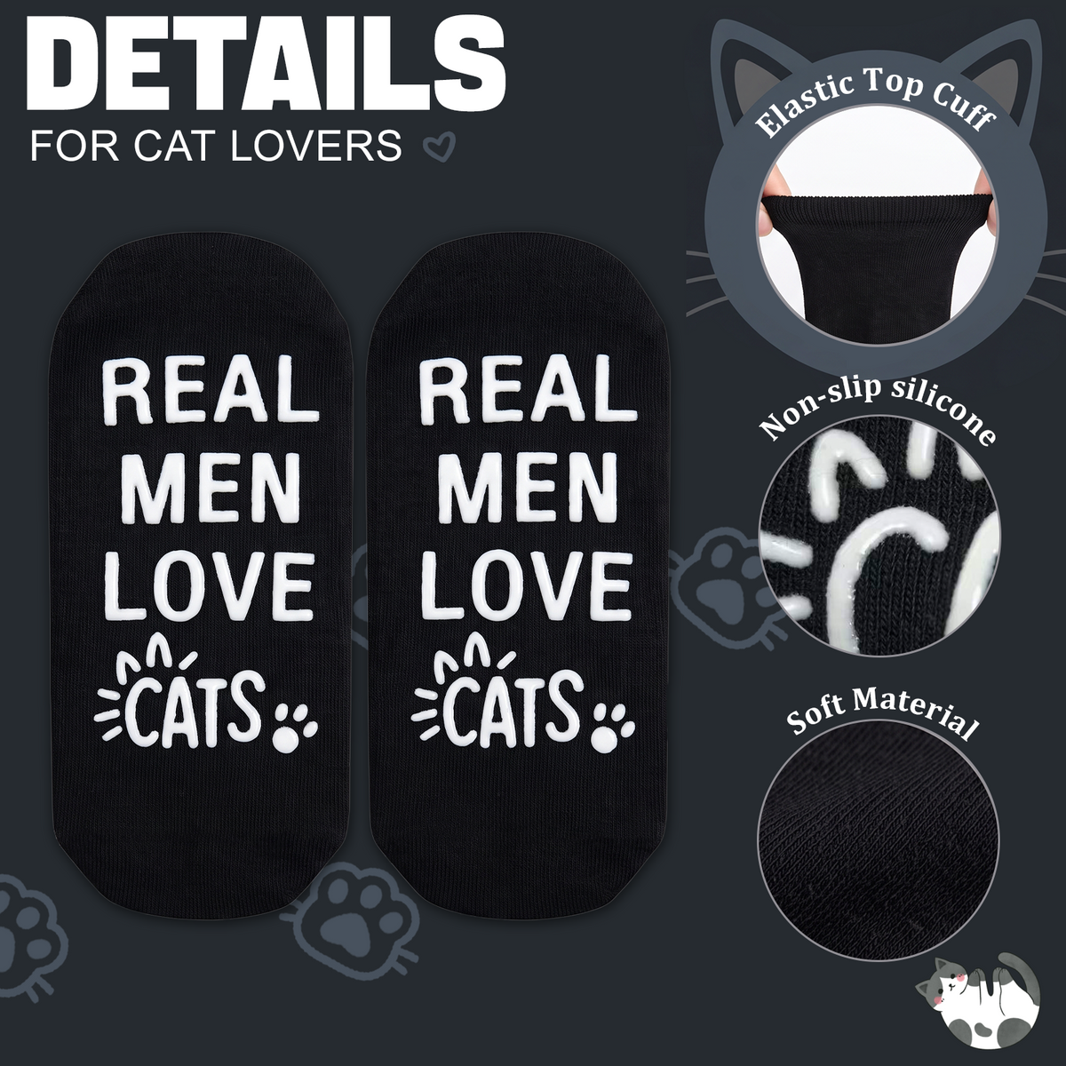 Real Men Love Cats Non-Slip Socks – Funny Gift for Cat Dads, Size 6–12
