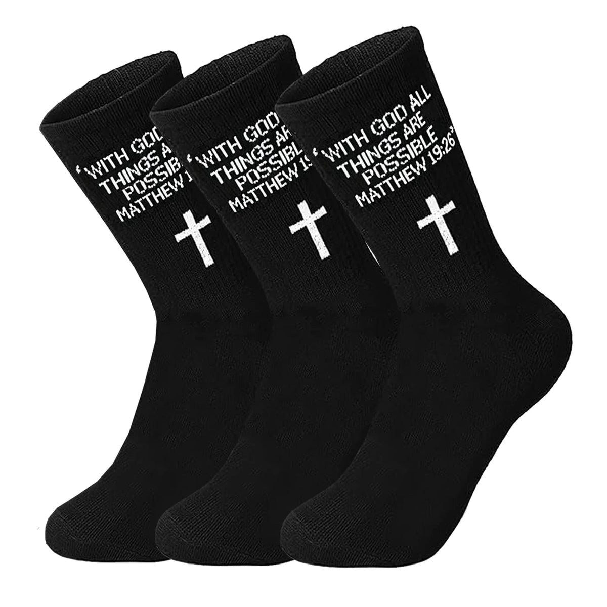 3 Pairs Christian Socks,Novelty Christian Easter Basket Stuffing - Matthew 19:26 - Black