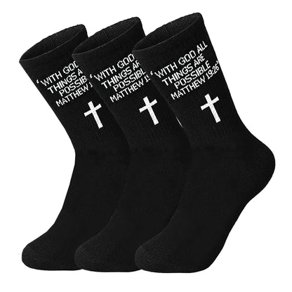 3 Pairs Christian Socks,Novelty Christian Easter Basket Stuffing - Matthew 19:26 - Black