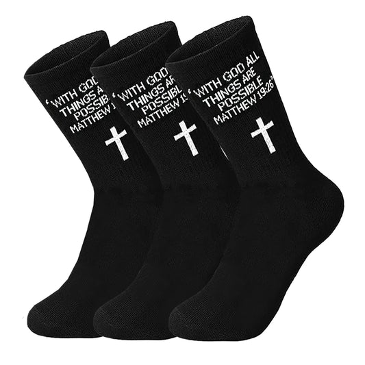 3 Pairs Christian Socks,Novelty Christian Easter Basket Stuffing - Matthew 19:26 - Black