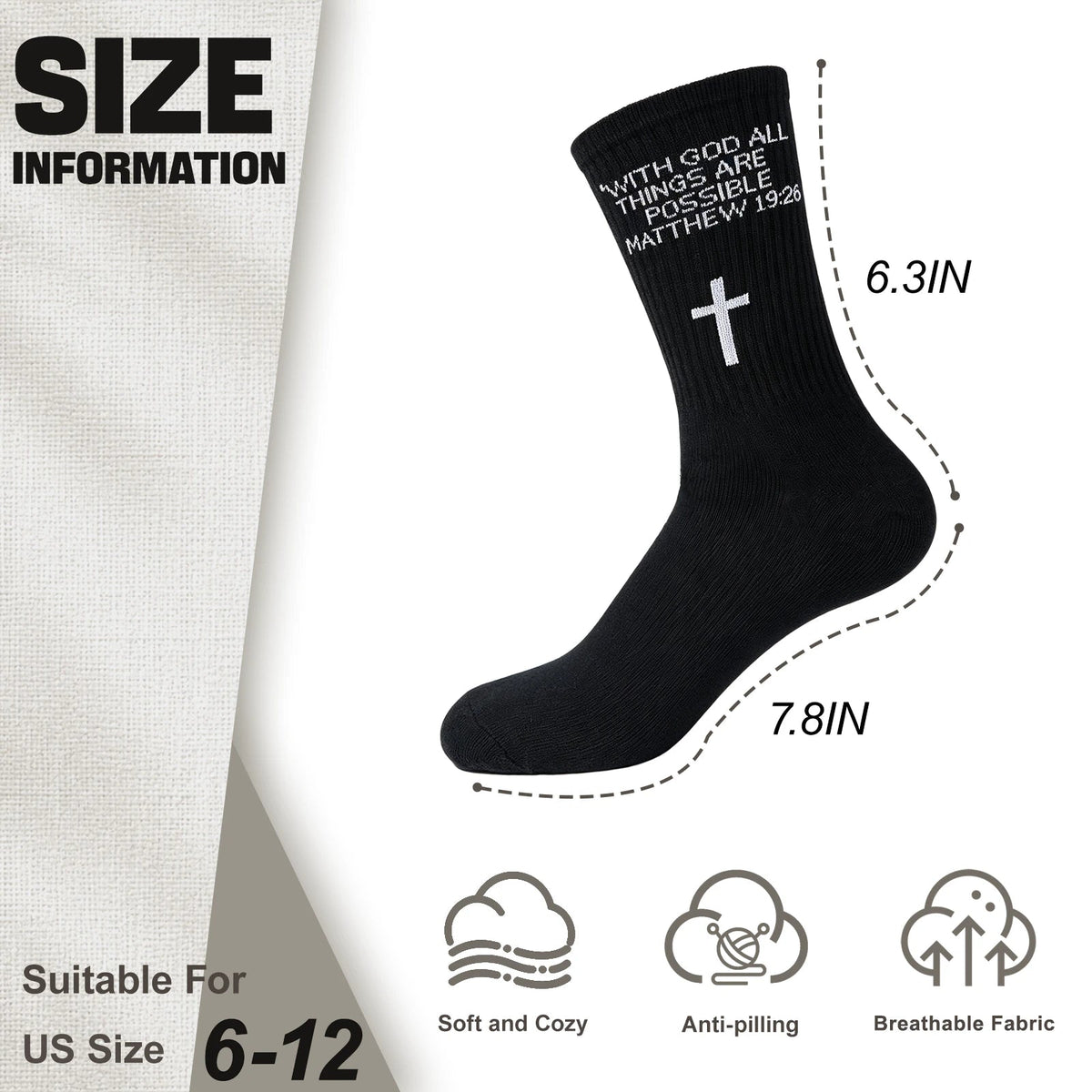 3 Pairs Christian Socks,Novelty Christian Easter Basket Stuffing - Matthew 19:26 - Black