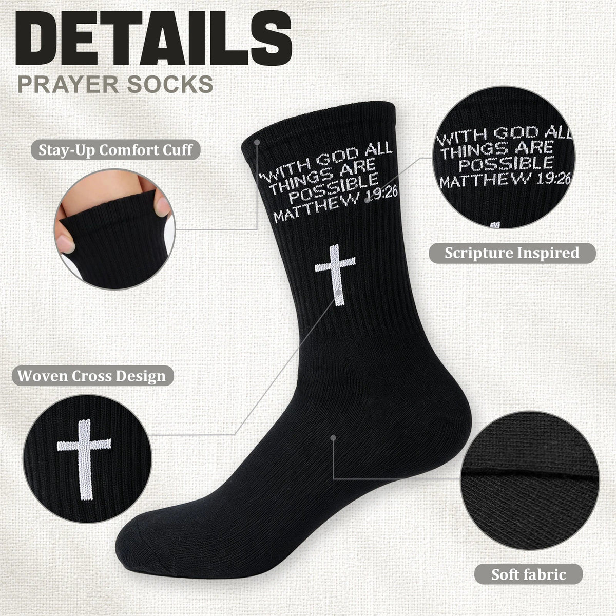 3 Pairs Christian Socks,Novelty Christian Easter Basket Stuffing - Matthew 19:26 - Black