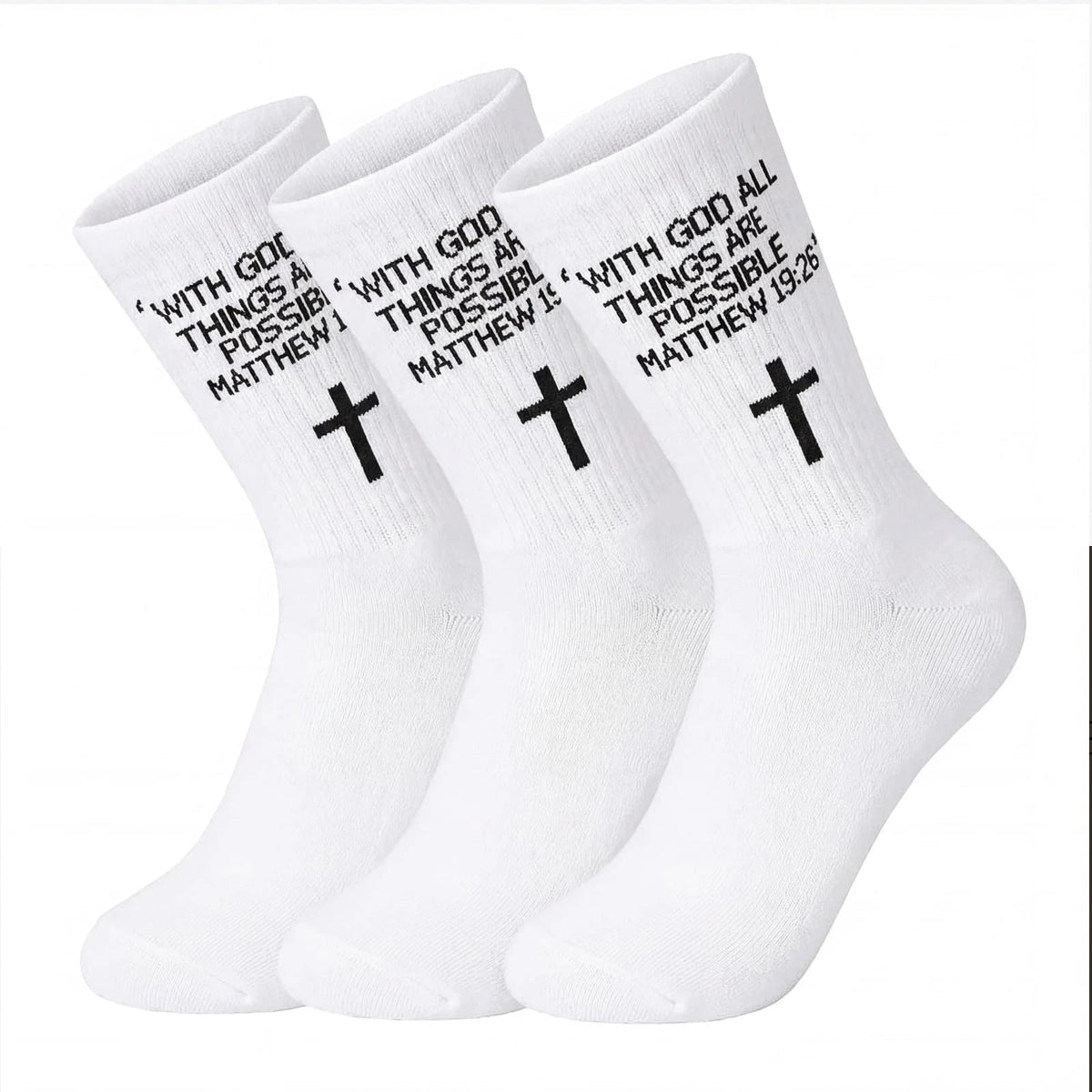 3 Pairs Christian Socks,Novelty Christian Easter Basket Stuffing - Matthew 19:26 - White