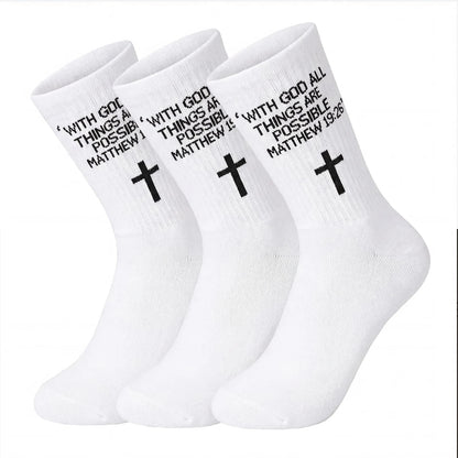 3 Pairs Christian Socks,Novelty Christian Easter Basket Stuffing - Matthew 19:26 - White