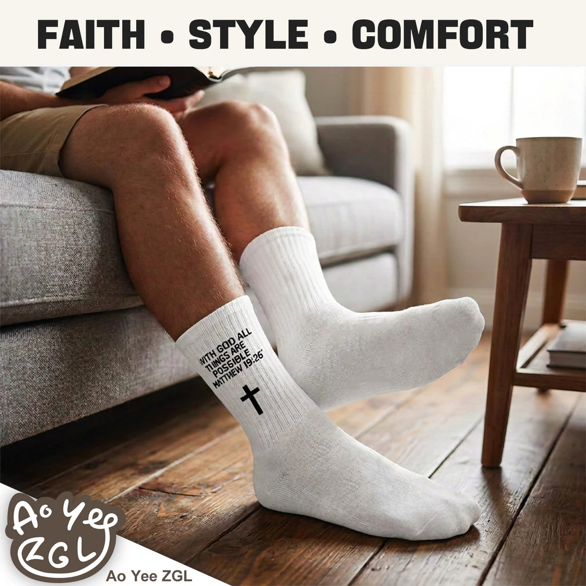3 Pairs Christian Socks,Novelty Christian Easter Basket Stuffing - Matthew 19:26 - White