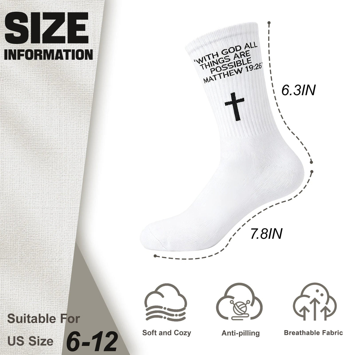 3 Pairs Christian Socks,Novelty Christian Easter Basket Stuffing - Matthew 19:26 - White