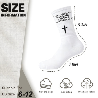 3 Pairs Christian Socks,Novelty Christian Easter Basket Stuffing - Matthew 19:26 - White