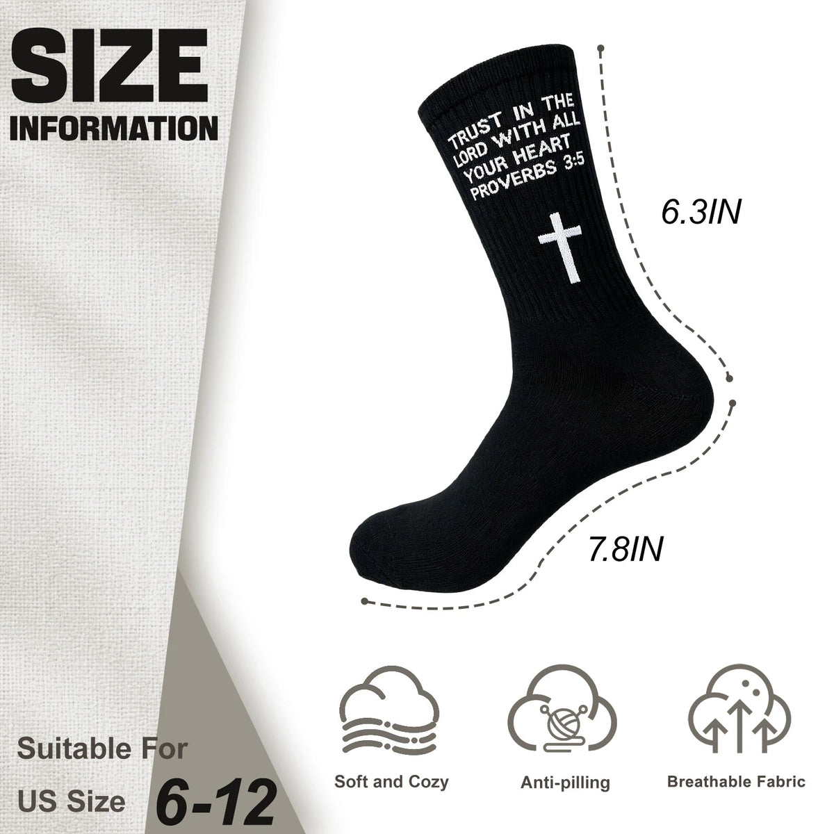3 Pairs Christian Socks,Novelty Christian Easter Basket Stuffing - Proverbs 3:5 - Black