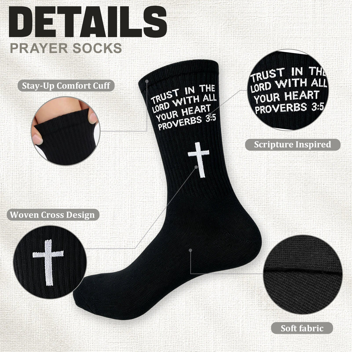 3 Pairs Christian Socks,Novelty Christian Easter Basket Stuffing - Proverbs 3:5 - Black