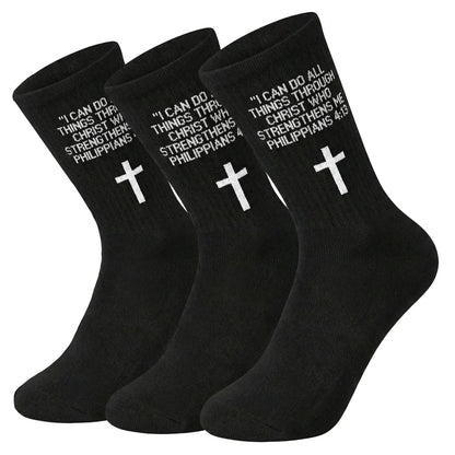 3 Pairs Christian Socks,Novelty Christian Easter Basket Stuffing - Philippians 4:13 - Black