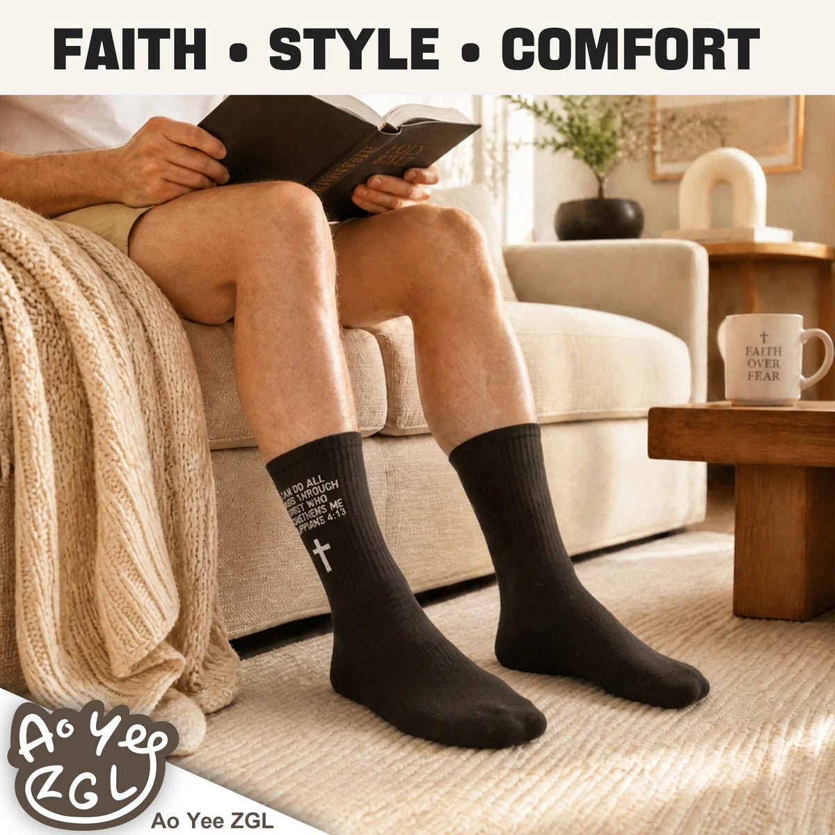 3 Pairs Christian Socks,Novelty Christian Easter Basket Stuffing - Philippians 4:13 - Black