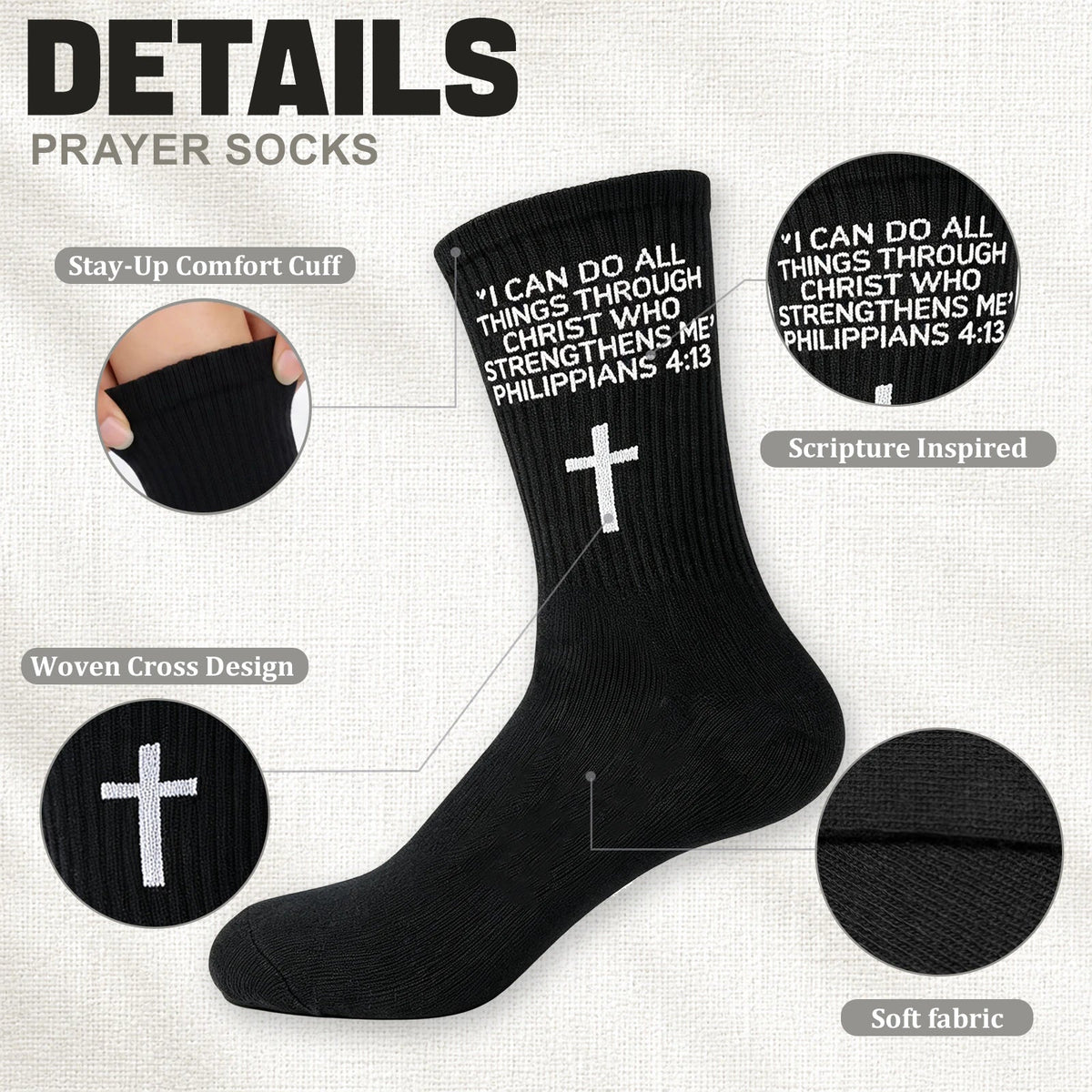 3 Pairs Christian Socks,Novelty Christian Easter Basket Stuffing - Philippians 4:13 - Black