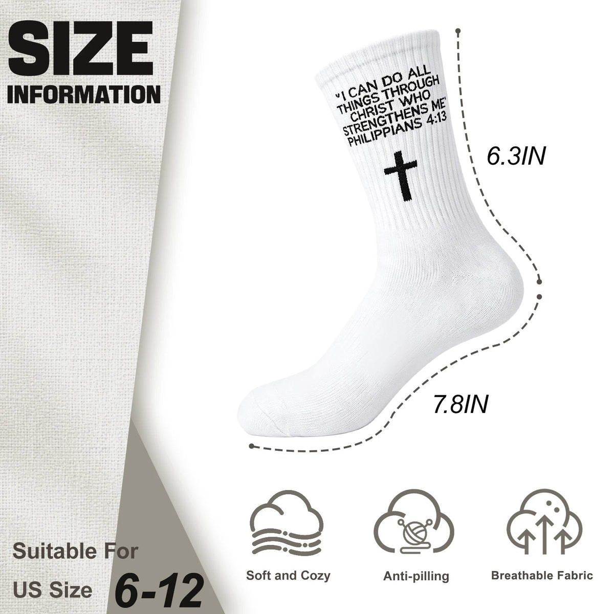 3 Pairs Christian Socks,Novelty Christian Easter Basket Stuffing - Philippians 4:13 - White