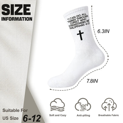 3 Pairs Christian Socks,Novelty Christian Easter Basket Stuffing - Philippians 4:13 - White