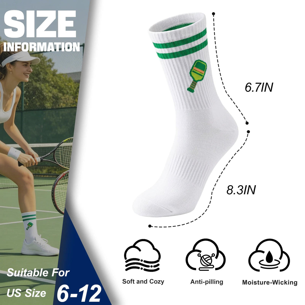 3 Pairs Pickleball Athletic Socks,Women's Sports Ankle Socks,Gifts for Pickleball Lovers and Women - Blue+Green+Orange