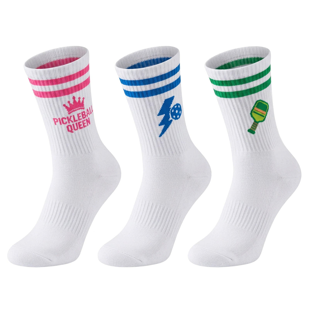 3 Pairs Pickleball Athletic Socks,Women's Sports Ankle Socks,Gifts for Pickleball Lovers and Women - Pink Crown+Blue+Green