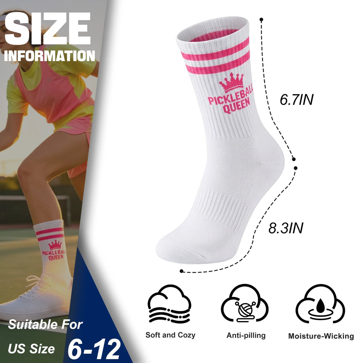 3 Pairs Pickleball Athletic Socks,Women's Sports Ankle Socks,Gifts for Pickleball Lovers and Women - Pink Crown+Blue+Green