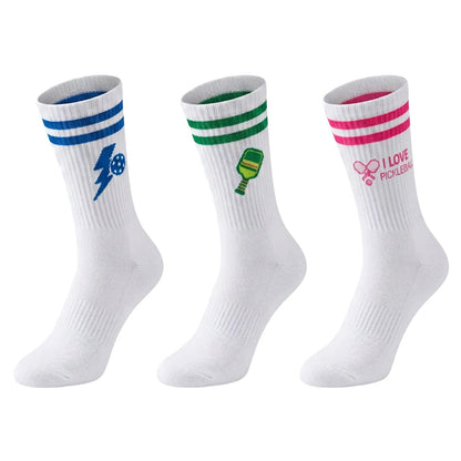 3 Pairs Pickleball Athletic Socks,Women's Sports Ankle Socks,Gifts for Pickleball Lovers and Women - Pink Racket+Blue+Green