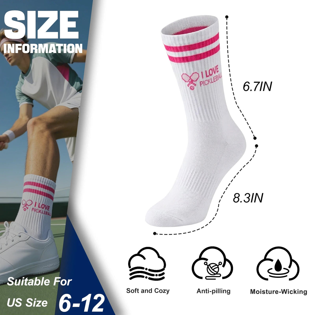 3 Pairs Pickleball Athletic Socks,Women's Sports Ankle Socks,Gifts for Pickleball Lovers and Women - Pink Racket+Blue+Green