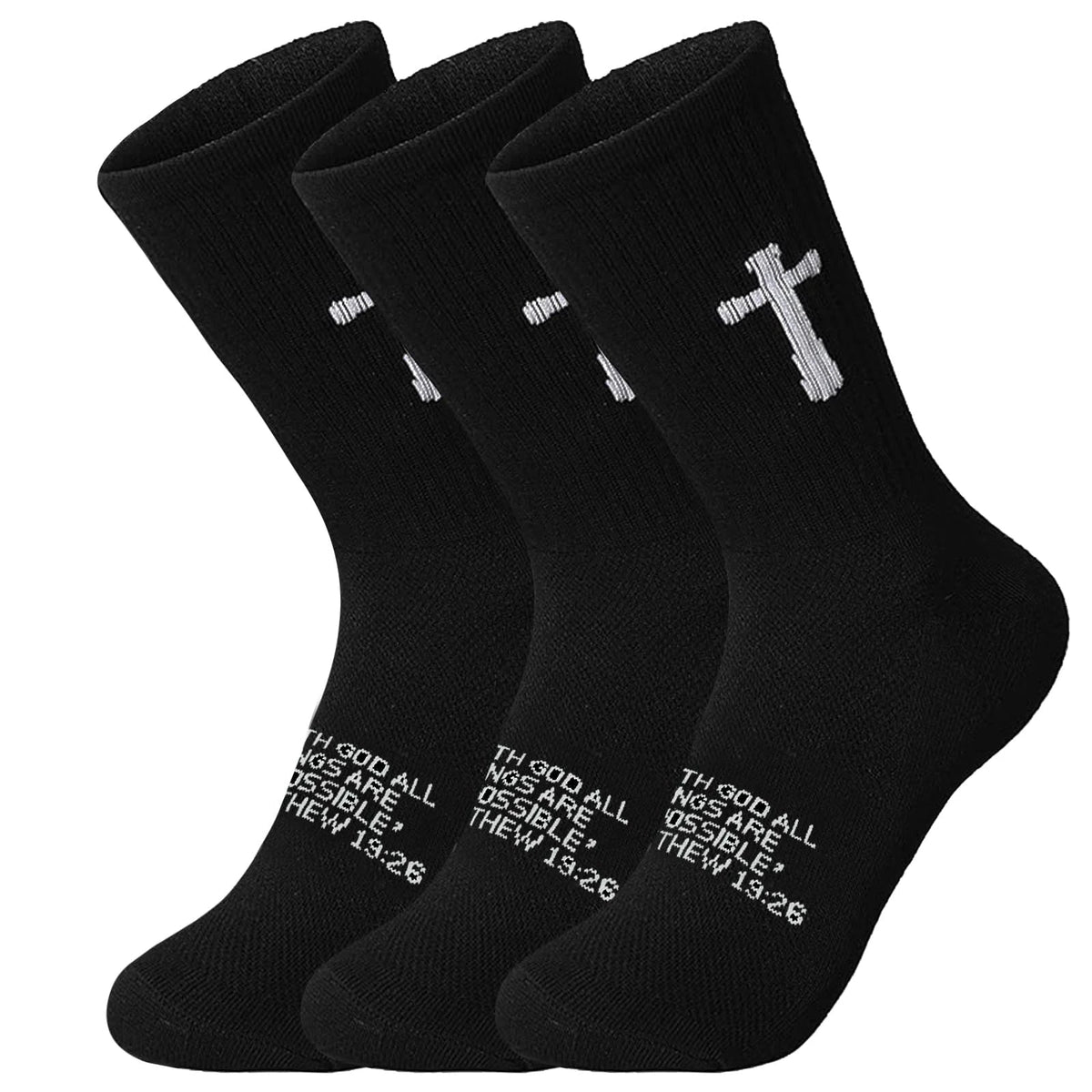 Ao Yee ZGL 24 Pairs Cross Prayer Crew Socks,Christians Socks for Men - Matthew 19:26 - Black