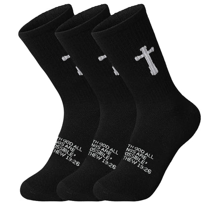 Ao Yee ZGL 24 Pairs Cross Prayer Crew Socks,Christians Socks for Men - Matthew 19:26 - Black