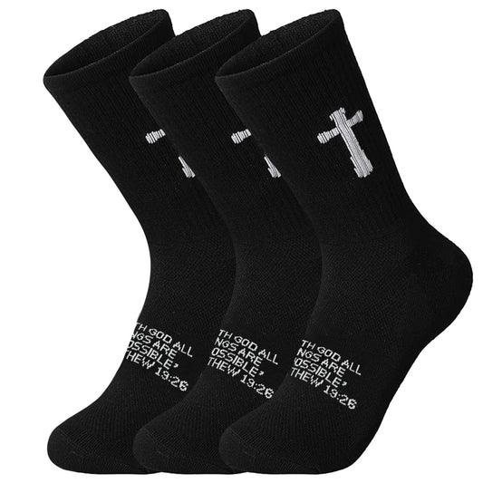 Ao Yee ZGL 24 Pairs Cross Prayer Crew Socks,Christians Socks for Men - Matthew 19:26 - Black