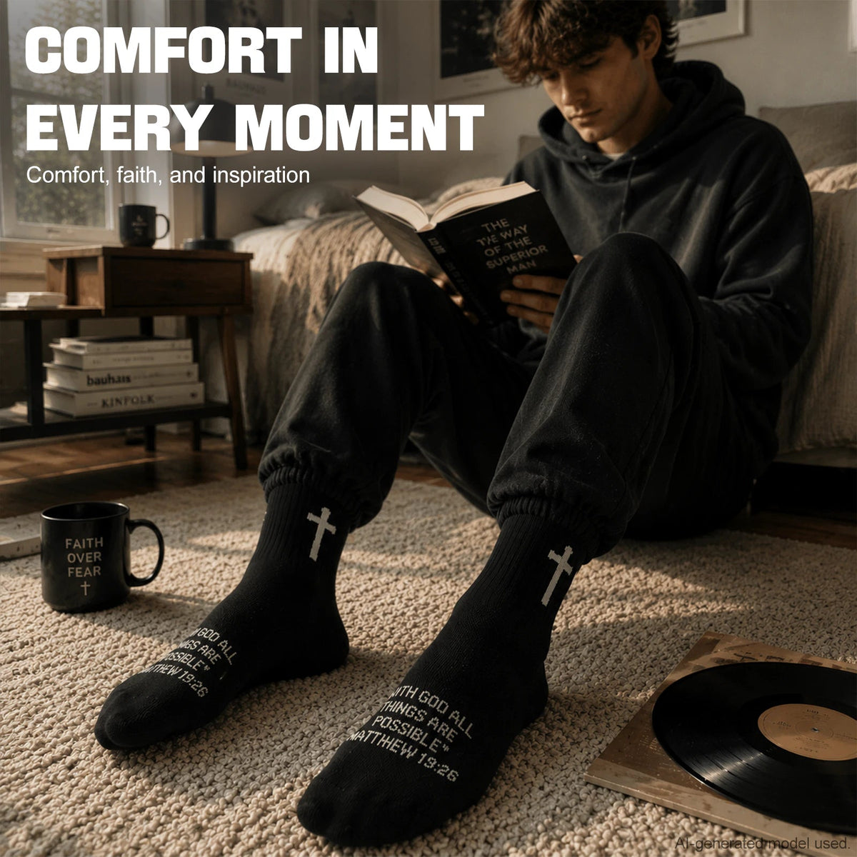 Ao Yee ZGL 24 Pairs Cross Prayer Crew Socks,Christians Socks for Men - Matthew 19:26 - Black