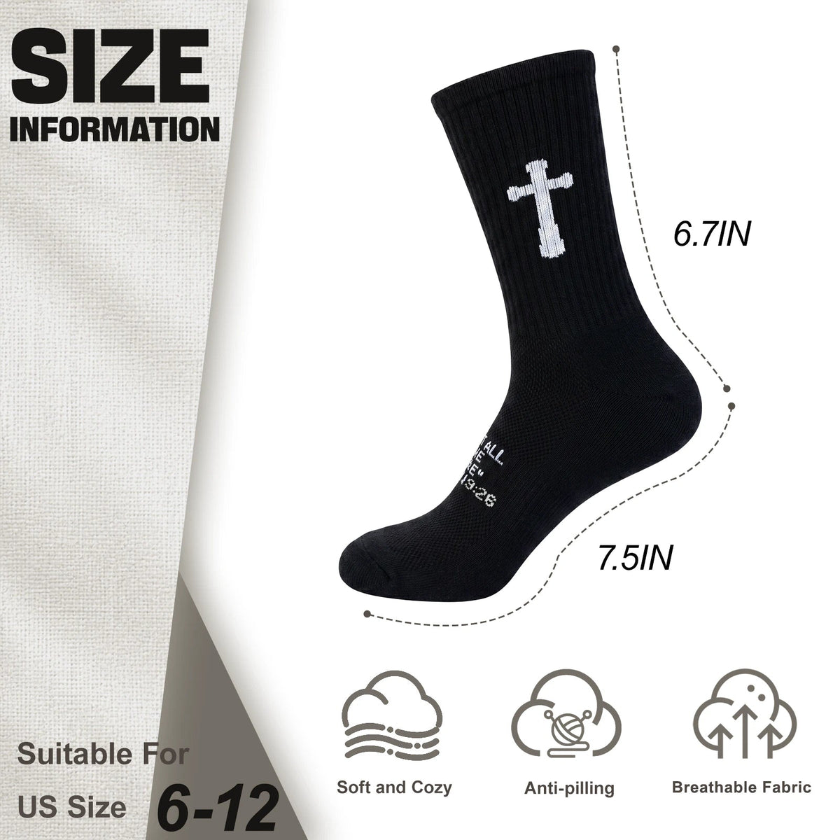 Ao Yee ZGL 24 Pairs Cross Prayer Crew Socks,Christians Socks for Men - Matthew 19:26 - Black