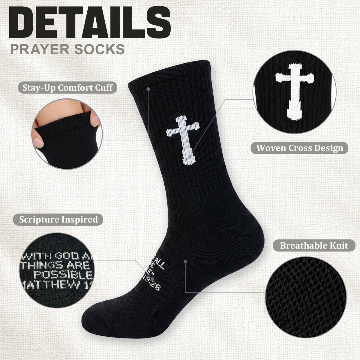 Ao Yee ZGL 24 Pairs Cross Prayer Crew Socks,Christians Socks for Men - Matthew 19:26 - Black