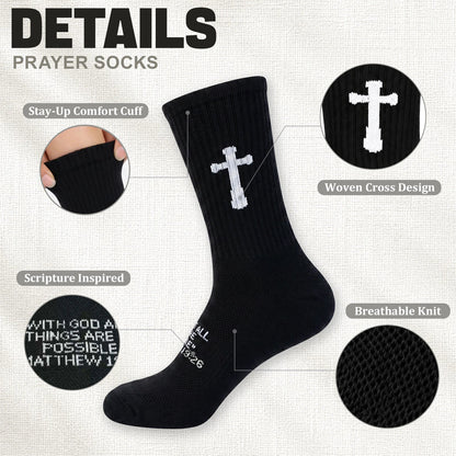 Ao Yee ZGL 24 Pairs Cross Prayer Crew Socks,Christians Socks for Men - Matthew 19:26 - Black