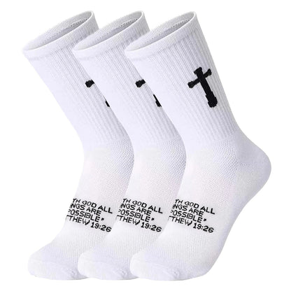 Ao Yee ZGL 24 Pairs Cross Prayer Crew Socks,Christians Socks for Men - Matthew 19:26 - White