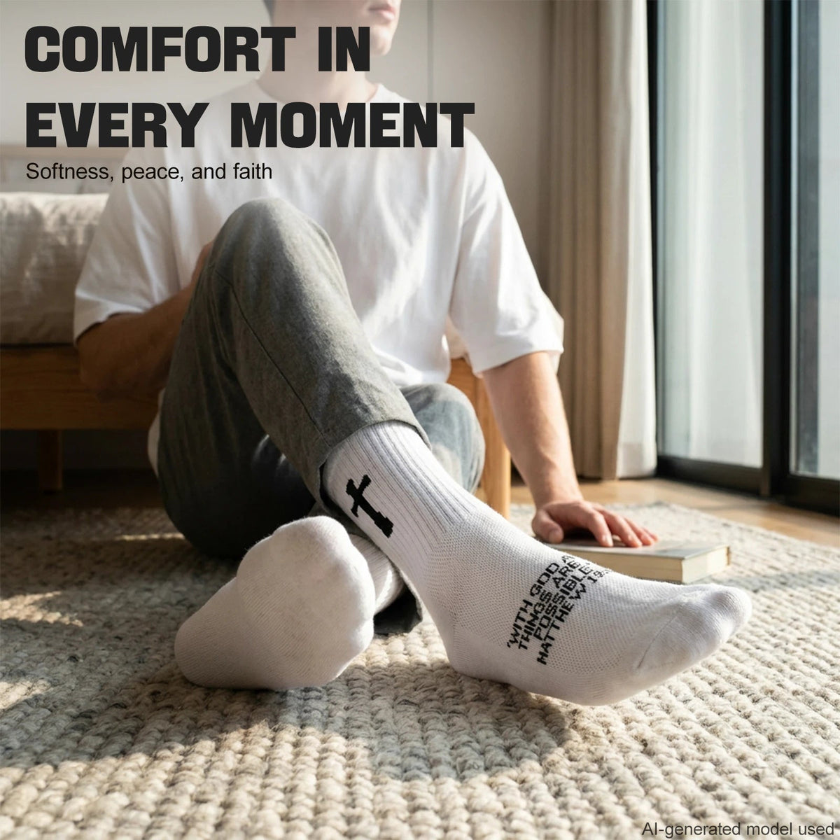 Ao Yee ZGL 24 Pairs Cross Prayer Crew Socks,Christians Socks for Men - Matthew 19:26 - White