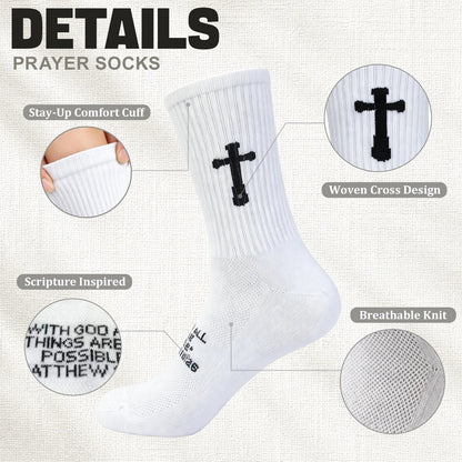 Ao Yee ZGL 24 Pairs Cross Prayer Crew Socks,Christians Socks for Men - Matthew 19:26 - White