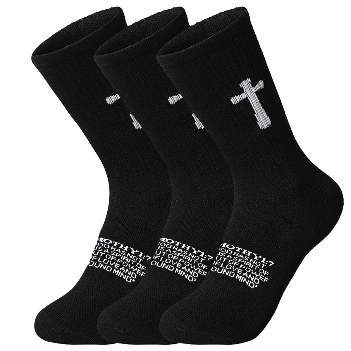 Ao Yee ZGL 24 Pairs Cross Prayer Crew Socks,Christians Socks for Men - 2 Timothy 1:7 - Black