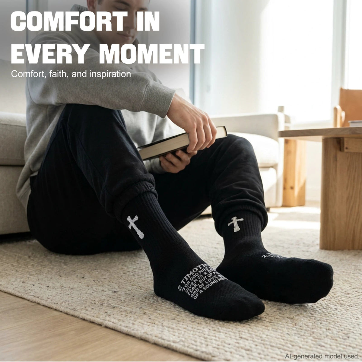 Ao Yee ZGL 24 Pairs Cross Prayer Crew Socks,Christians Socks for Men - 2 Timothy 1:7 - Black