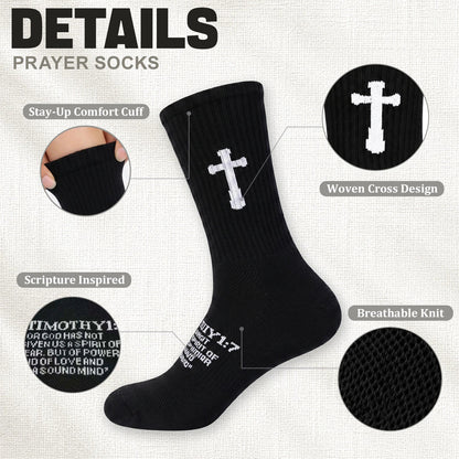 Ao Yee ZGL 24 Pairs Cross Prayer Crew Socks,Christians Socks for Men - 2 Timothy 1:7 - Black