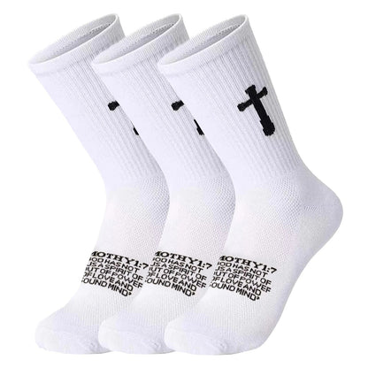 Ao Yee ZGL 24 Pairs Cross Prayer Crew Socks,Christians Socks for Men - 2 Timothy 1:7 - White