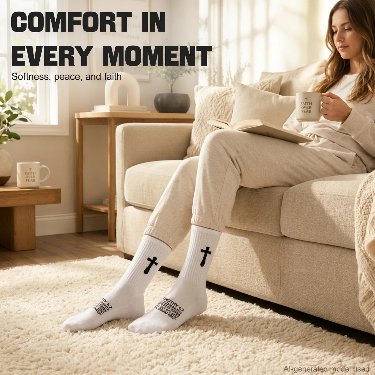 Ao Yee ZGL 24 Pairs Cross Prayer Crew Socks,Christians Socks for Men - 2 Timothy 1:7 - White