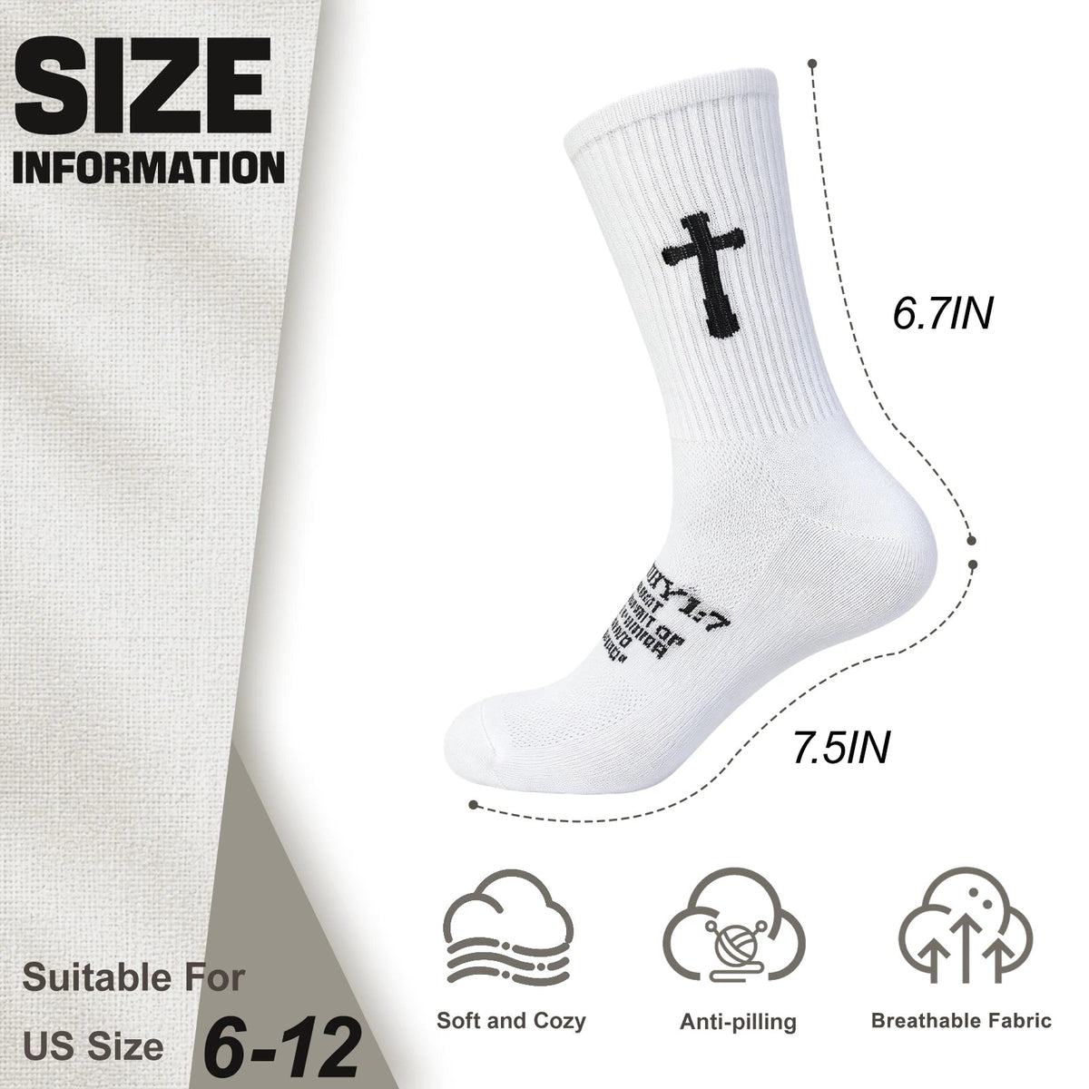 Ao Yee ZGL 24 Pairs Cross Prayer Crew Socks,Christians Socks for Men - 2 Timothy 1:7 - White