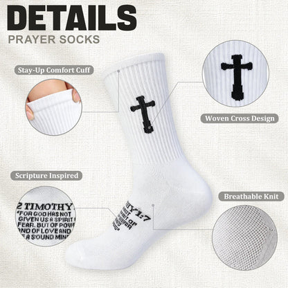 Ao Yee ZGL 24 Pairs Cross Prayer Crew Socks,Christians Socks for Men - 2 Timothy 1:7 - White