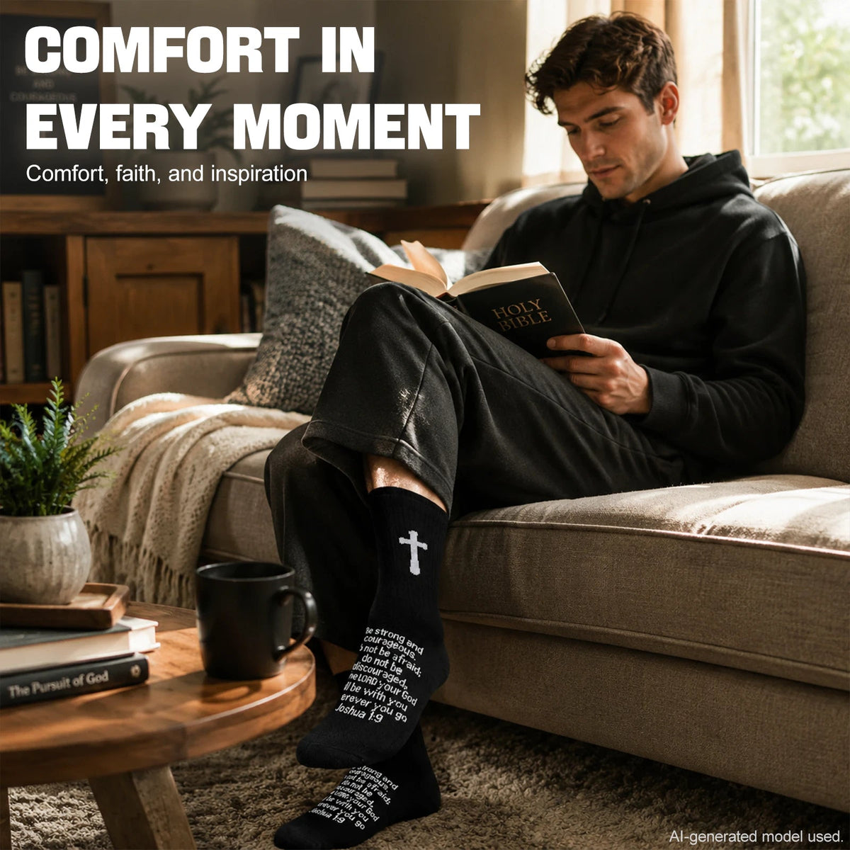 Ao Yee ZGL 24 Pairs Cross Prayer Crew Socks,Christians Socks for Men - Joshua 1:9 - Black
