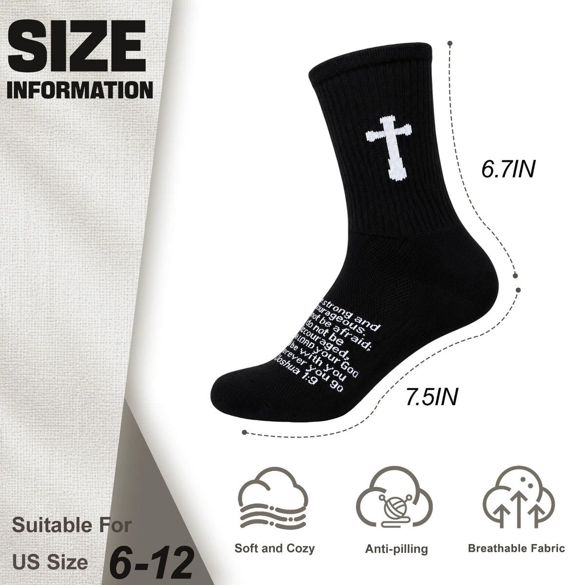 Ao Yee ZGL 24 Pairs Cross Prayer Crew Socks,Christians Socks for Men - Joshua 1:9 - Black