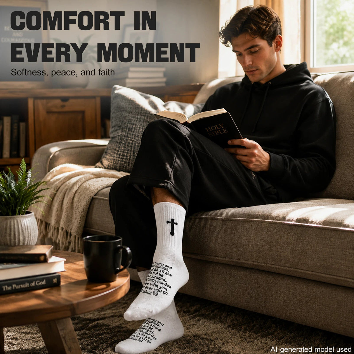 Ao Yee ZGL 24 Pairs Cross Prayer Crew Socks,Christians Socks for Men - Joshua 1:9 - White
