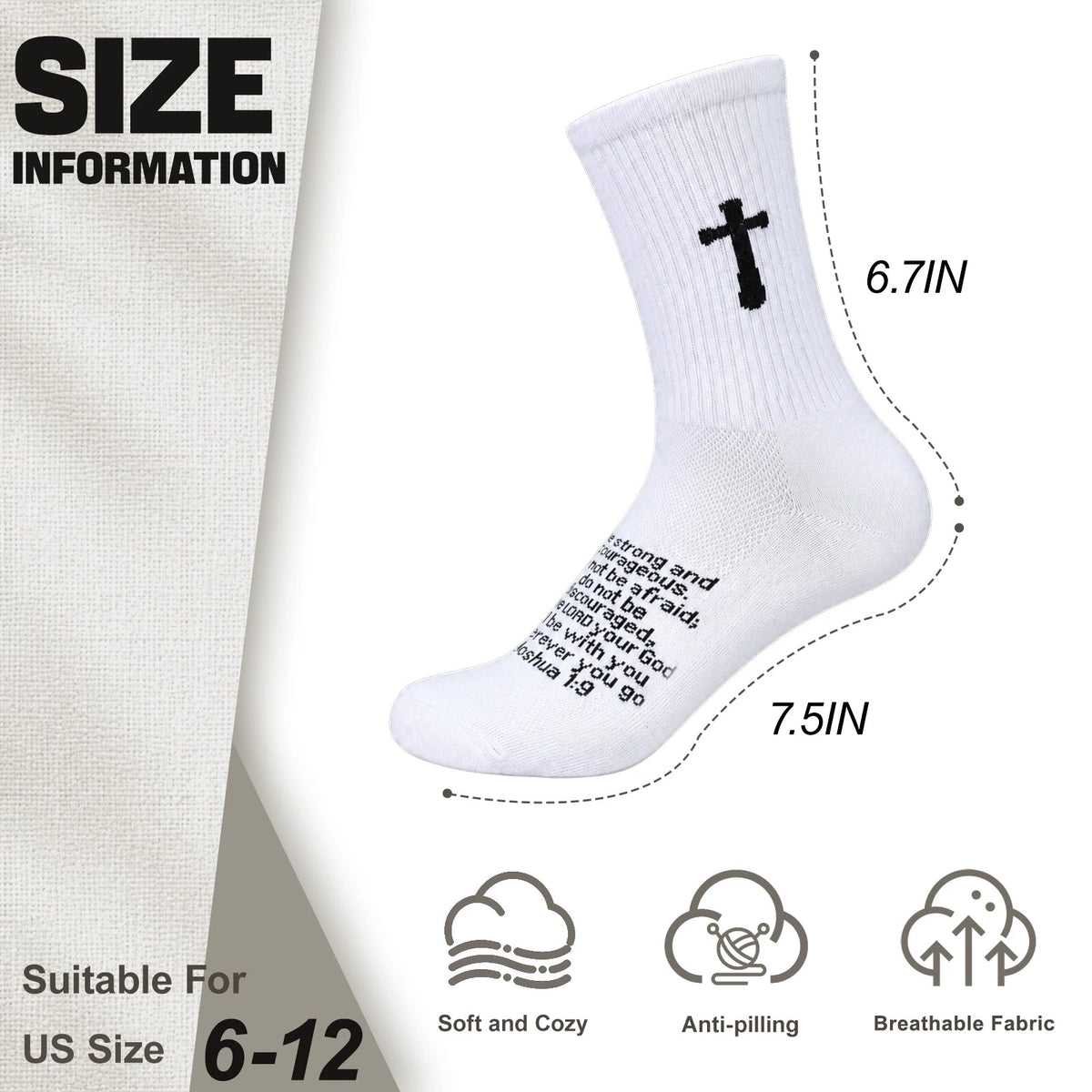 Ao Yee ZGL 24 Pairs Cross Prayer Crew Socks,Christians Socks for Men - Joshua 1:9 - White