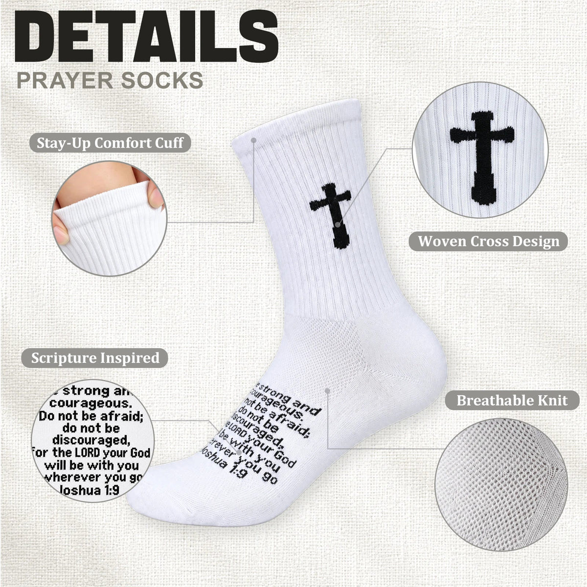 Ao Yee ZGL 24 Pairs Cross Prayer Crew Socks,Christians Socks for Men - Joshua 1:9 - White
