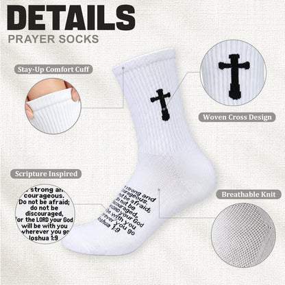Ao Yee ZGL 24 Pairs Cross Prayer Crew Socks,Christians Socks for Men - Joshua 1:9 - White