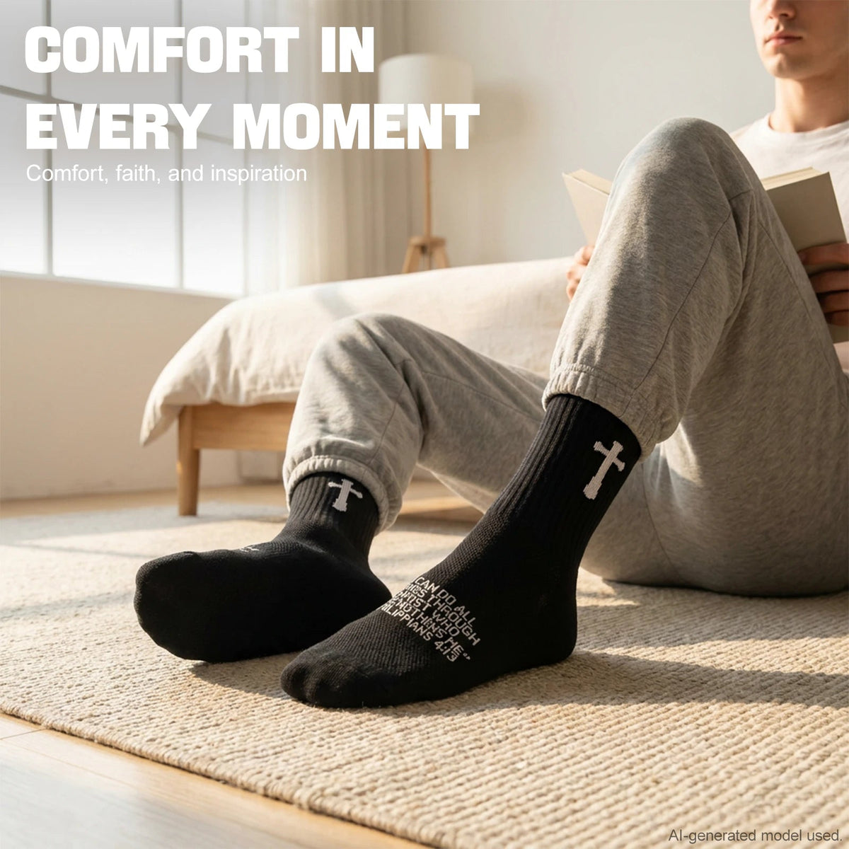 Ao Yee ZGL 24 Pairs Cross Prayer Crew Socks,Christians Socks for Men - Philippians 4:13 - Black