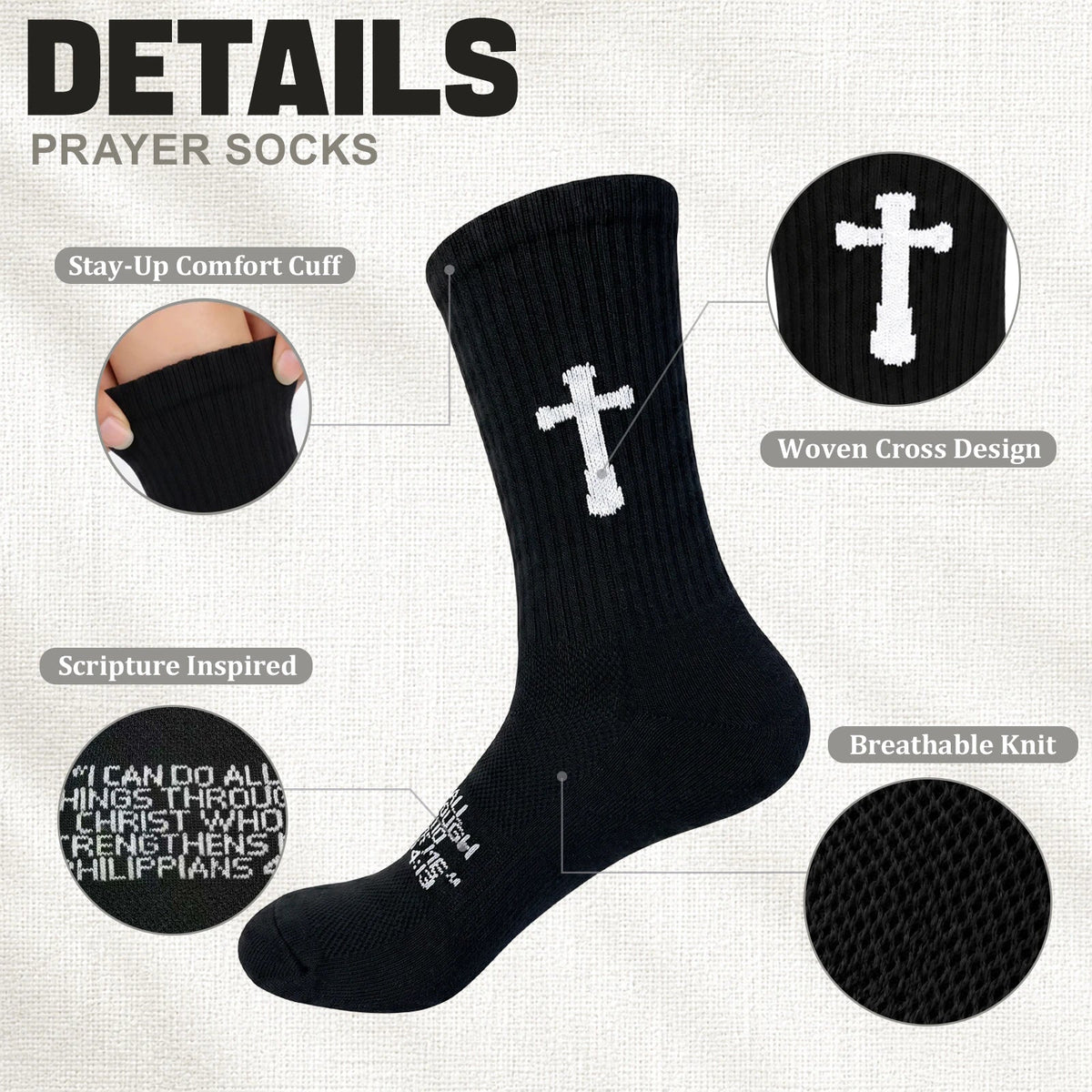 Ao Yee ZGL 24 Pairs Cross Prayer Crew Socks,Christians Socks for Men - Philippians 4:13 - Black